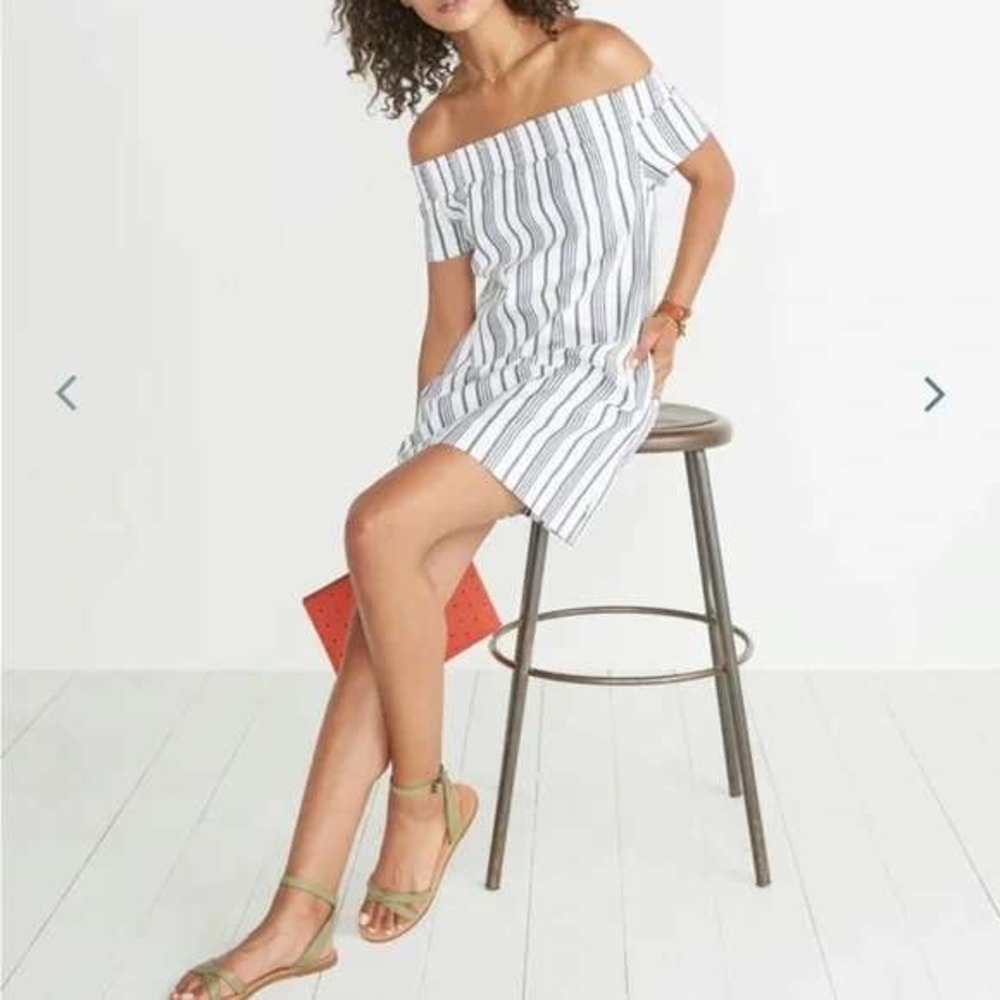 Marine Layer Valeria Off The Shoulder Mini XS Dress Blue White‎ Stripe Smocked